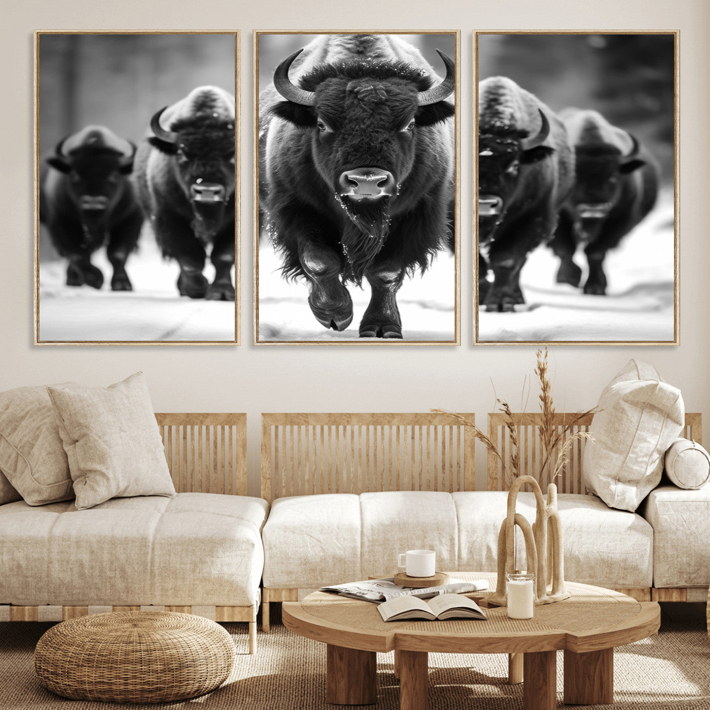 MGV-FC-60X30-3P - American Bison Art | Buffalo Herd Wall Art Canvas Print, BW American Bison Herd Wall Art Canvas Print
