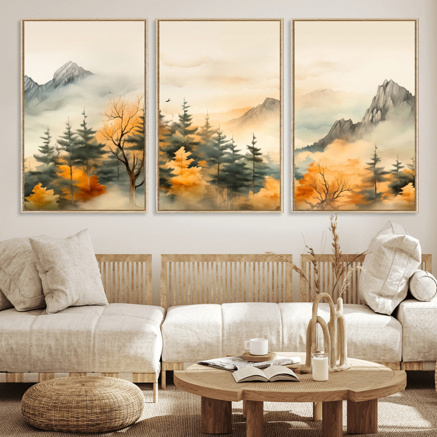 MGV-FC-60X30-3P - Abstract Watercolor Mountains and Trees Autumn Art, Watercolor Mountains and Trees Canvas Print