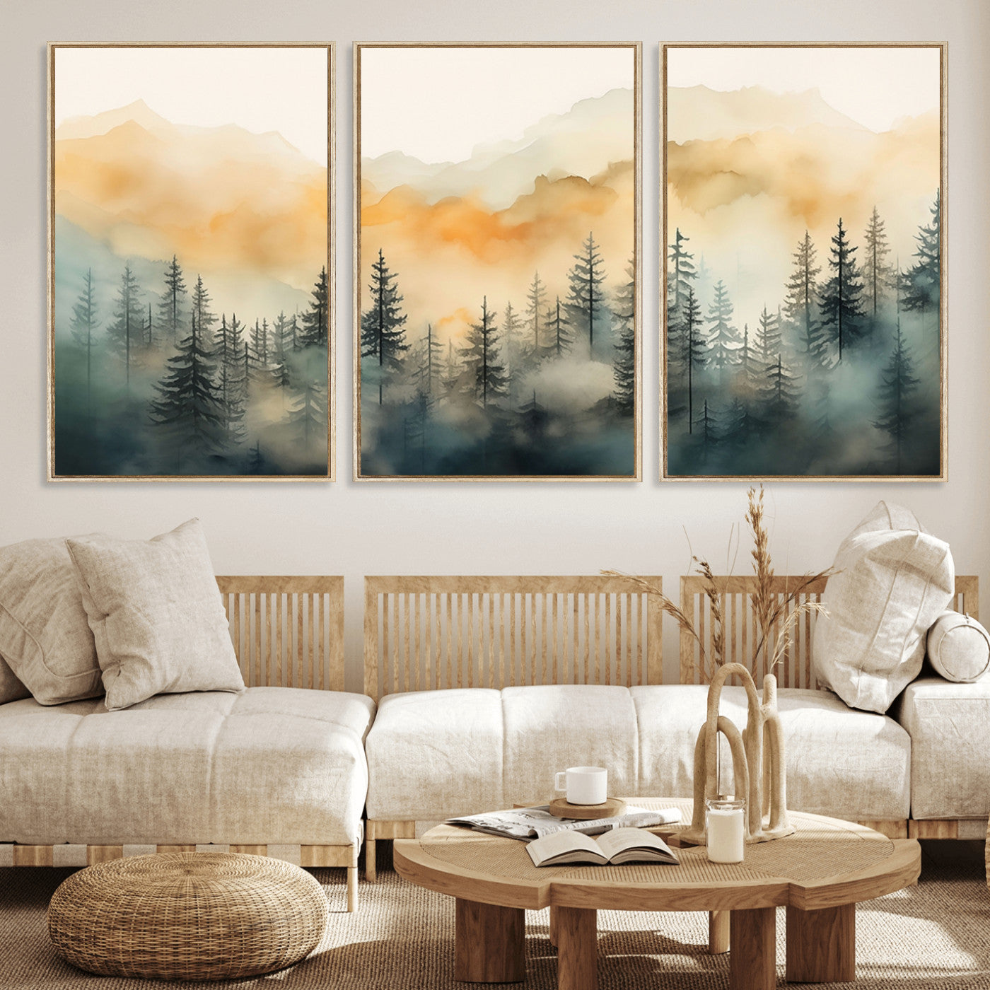 34155-MGV-FC-60X30-3P_Natural-Abstract Forest Print - Mountain Wall Art | Autumn Landscape Canvas Print for Living Room, Bedroom, or Office | Large Wall Art Decor