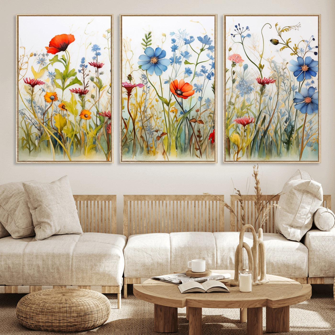 MGV-FC-60X30-3P - Colorful Wildflower Canvas Wall Art - Vibrant Floral Botanical Print, Bright Nature Decor for Living Room, Large 3 Panel Set, Ready to Hang