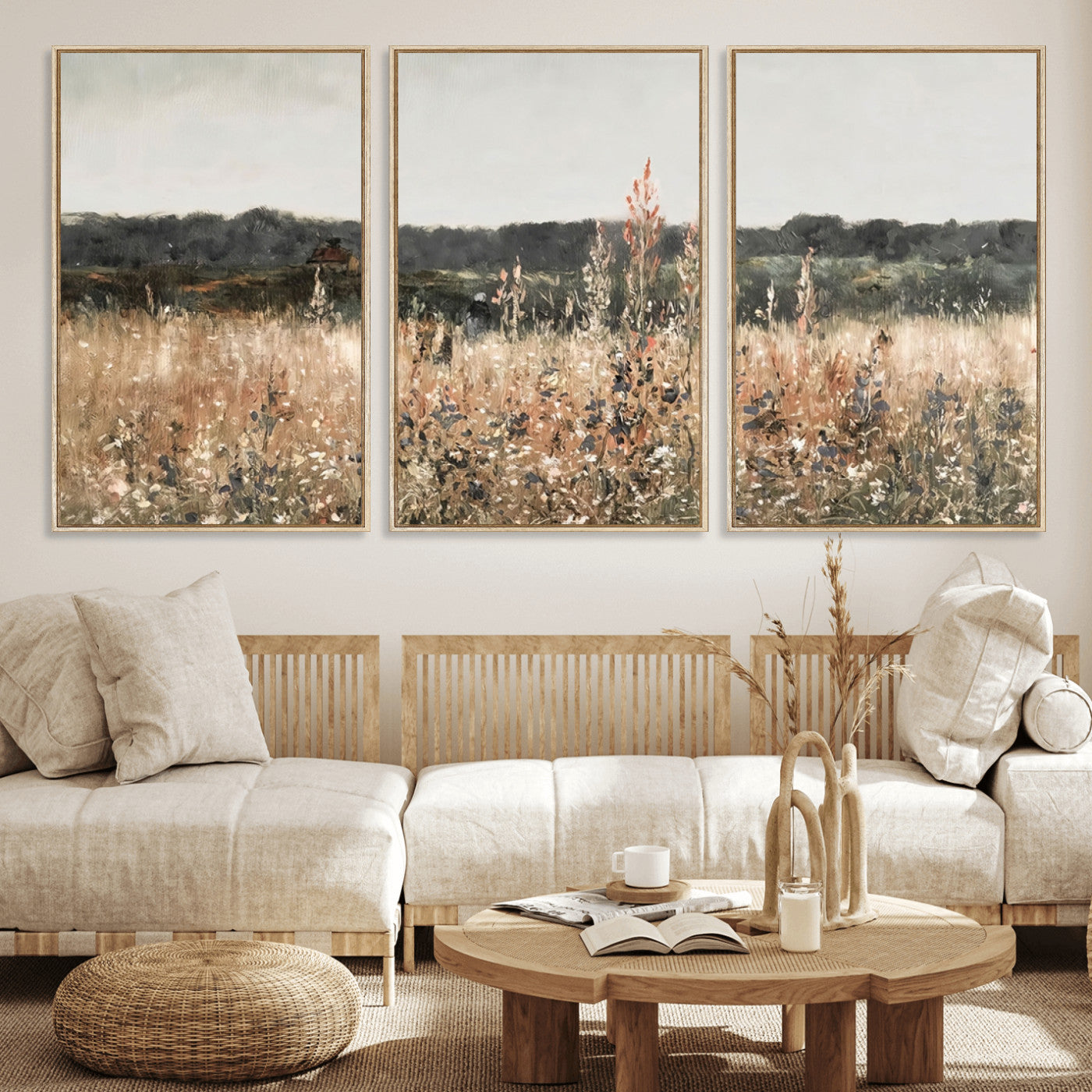 MGV-FC-60X30-3P - Abstract Wildflower Art Field Landscape Oil Painting Print, Country Field Wall Art - Framed Ready to Hang