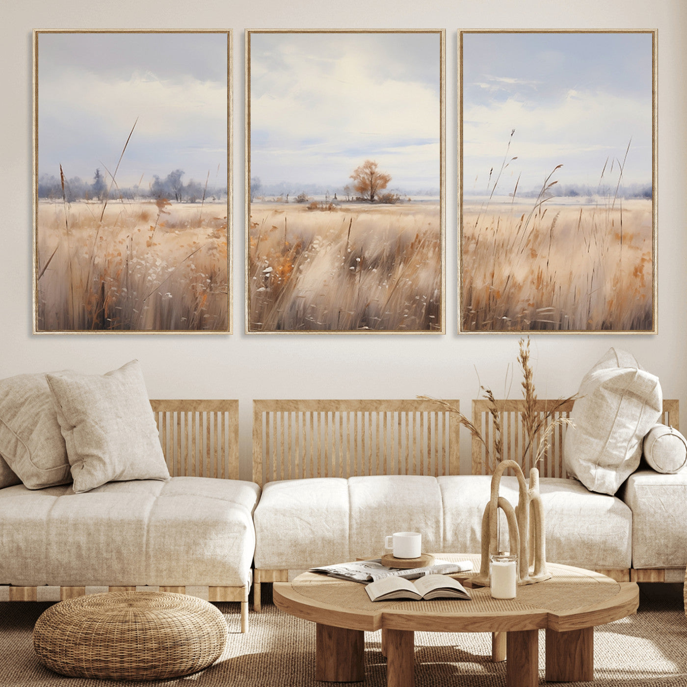 MGV-FC-60X30-3P - Golden Fields Canvas Wall Art Print – Serene Landscape of Nature’s Tranquility in Minimalist for Farmhouse Decor