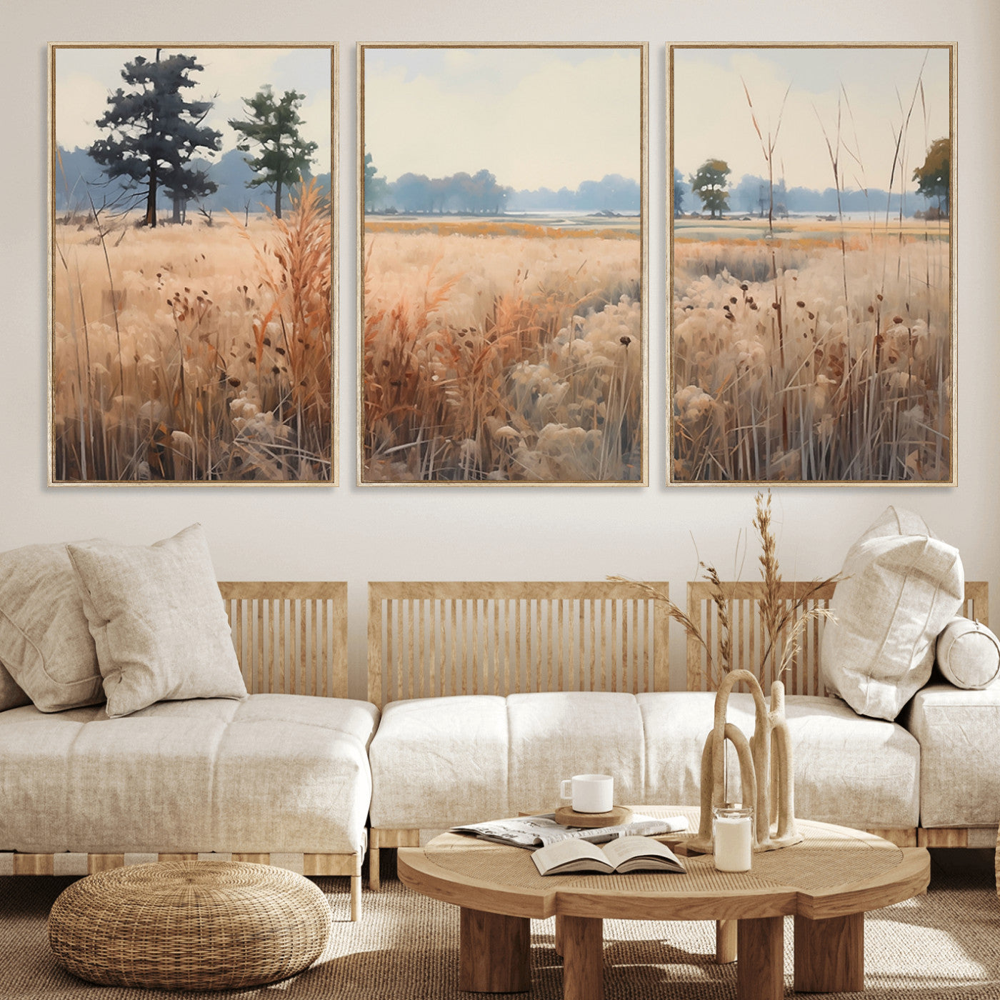 MGV-FC-60X30-3P - Golden Fields Canvas Wall Art Print – Serene Landscape of Nature’s Tranquility in Minimalist Modern Decor