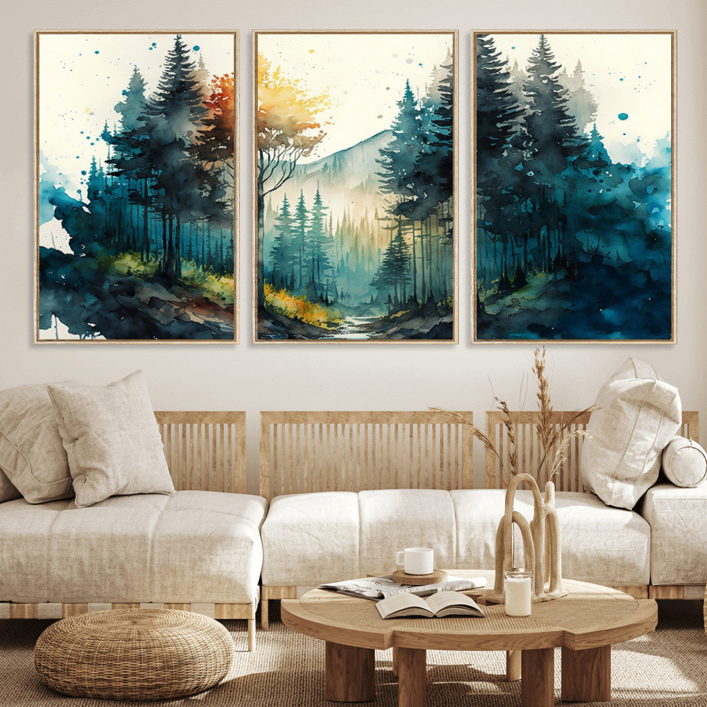 MGV-FC-60X30-3P - Watercolor Trees Forest Abstract Wall Art Canvas Print