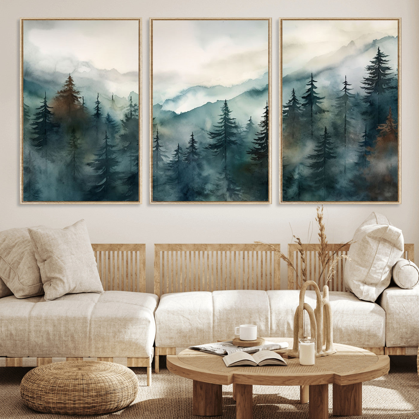 48468-MGV-FC-60X30-3P_Natural-Serenity Forest Wall Art Canvas | Foggy Mountain Landscape Canvas Print for Living Room or Office | Nature-Inspired Woodland Decor