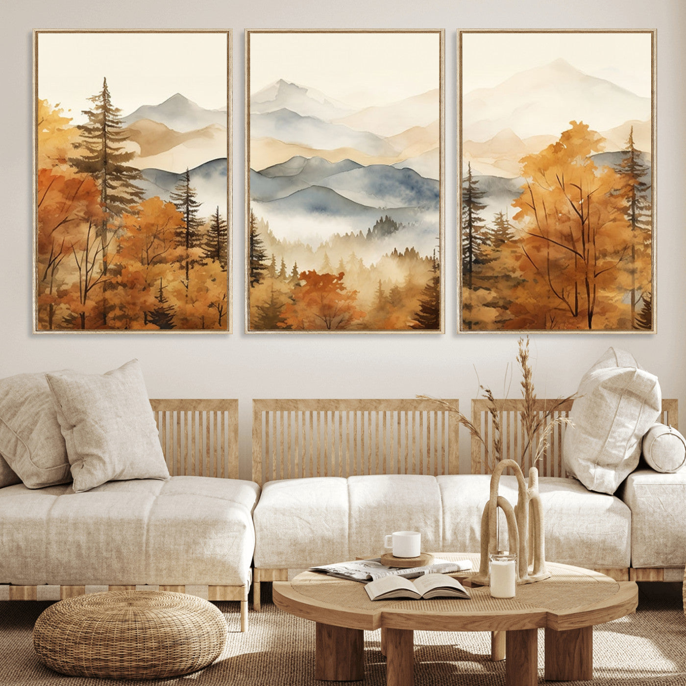 MGV-FC-60X30-3P - Golden Autumn Forest Wall Art | Mountain Landscape Canvas Print for Living Room or Bedroom | Large Wall Decor with Nature-Inspired Design