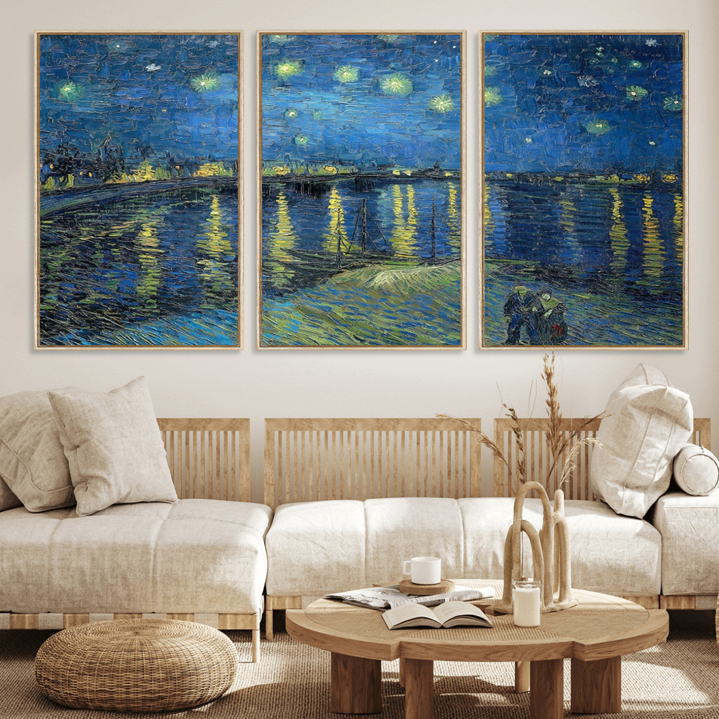 94605-MGV-FC-60X30-3P_Natural-Vincent van Gogh Starry Night over the Rhone Abstract Wall Art Canvas, Starry Night Canvas Print