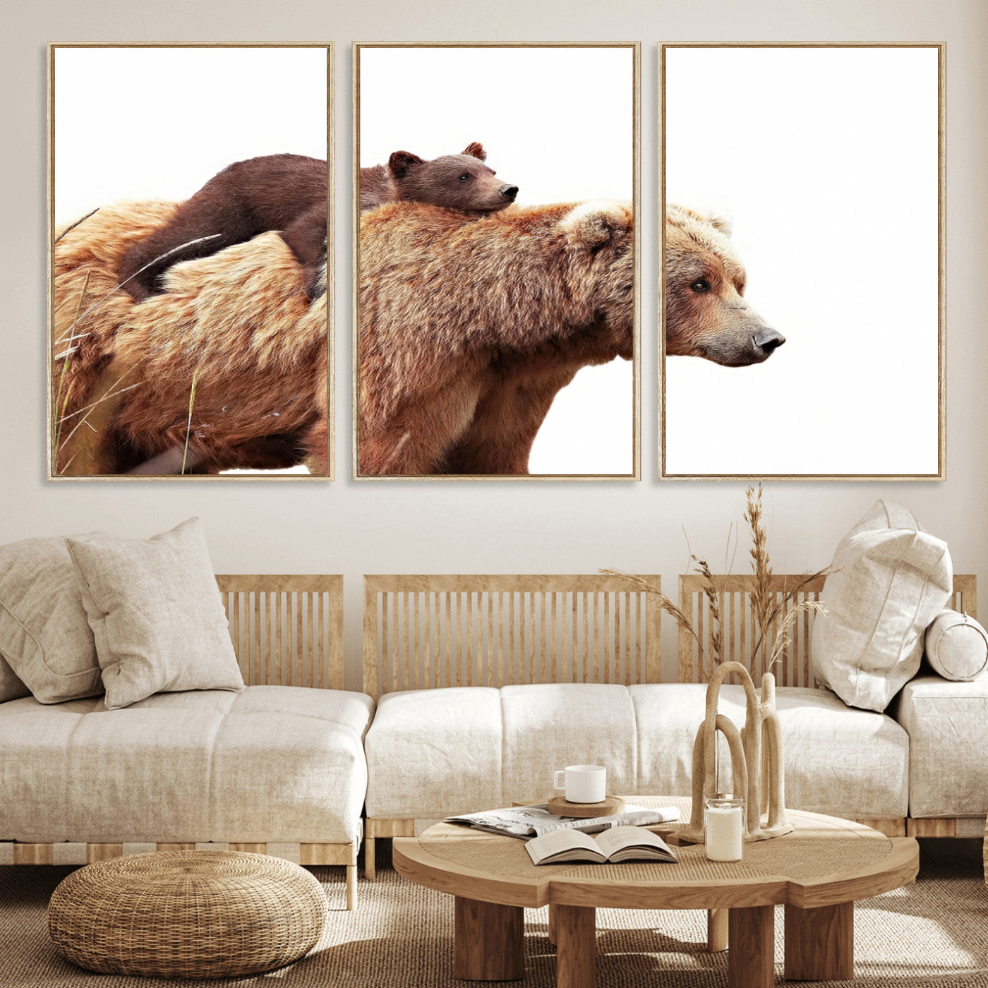 MGV-FC-60X30-3P - Mother and Baby Bear Canvas Wall Art - Adorable Wildlife Animal Print, Cozy Rustic Decor for Living Room,