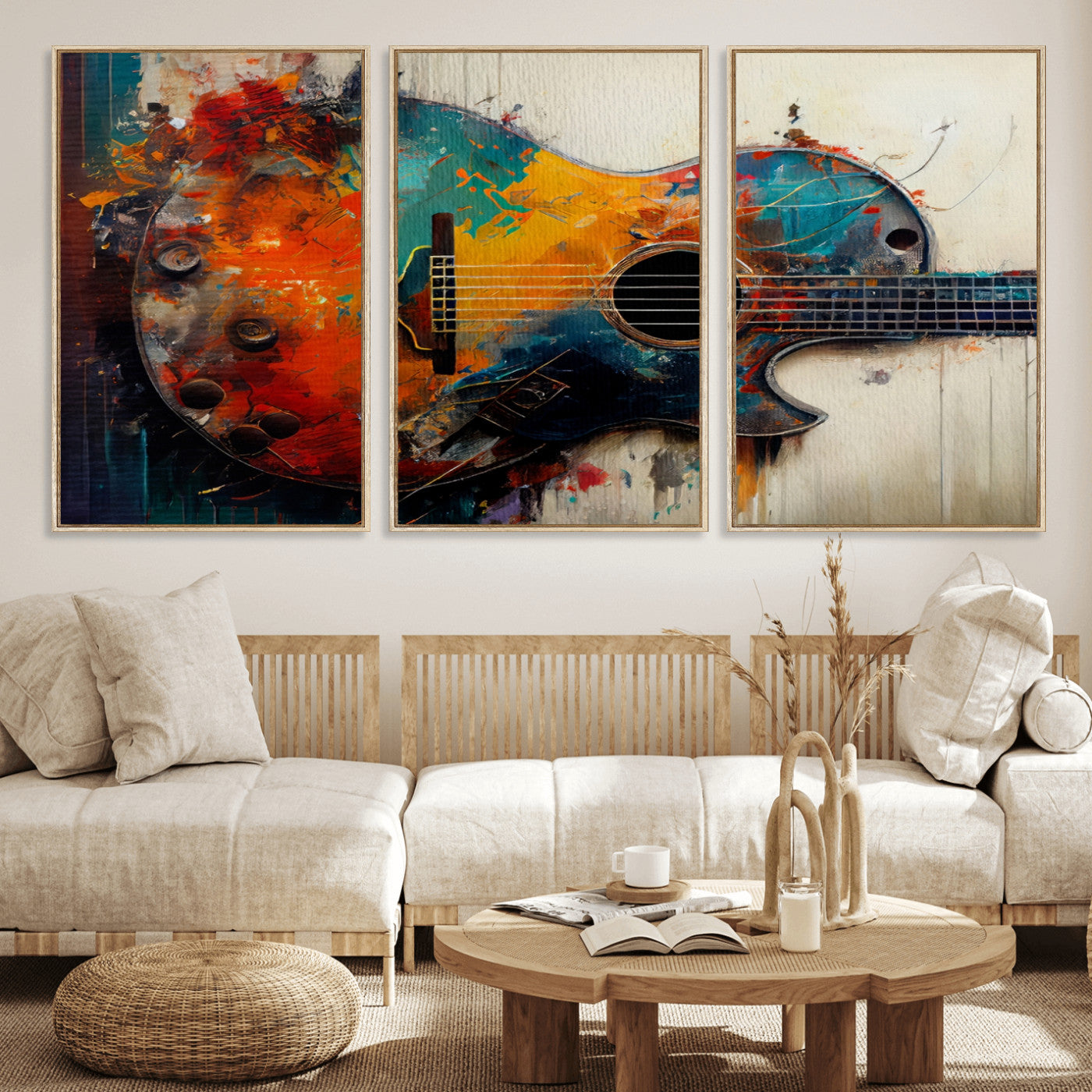 MGV-FC-60X30-3P - Abstract Guitar Wall Art Canvas | Vibrant Music-Inspired Art for Living Room or Studio | Colorful Music Decor Canvas Print
