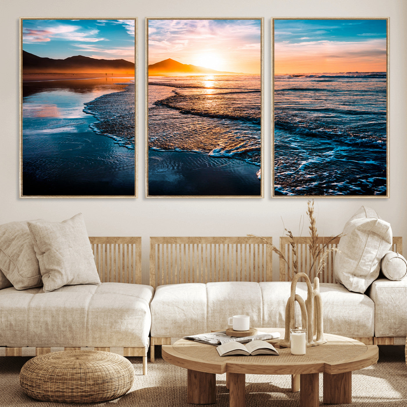 MGV-FC-60X30-3P - Sunset Beach Ocean Canvas Wall Art – Tranquil Ocean Reflections at Dusk – Ready to Hang