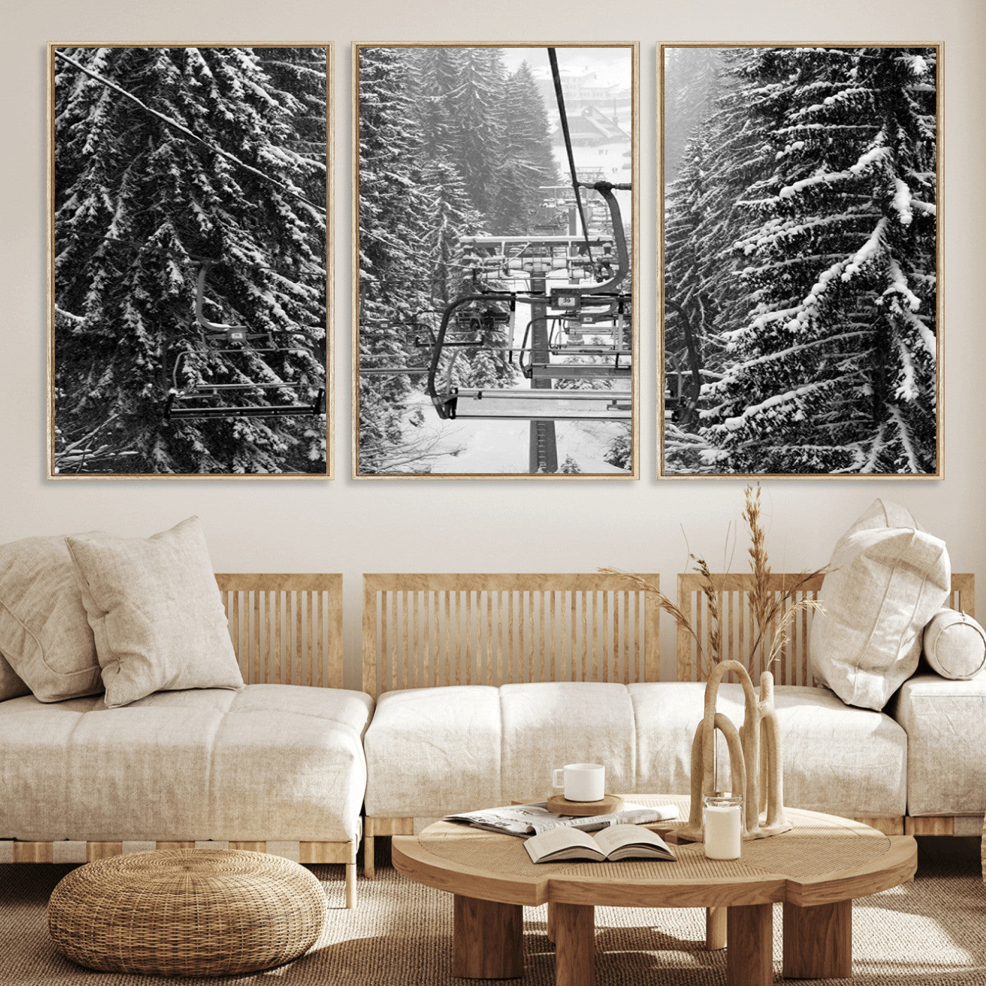 MGV-FC-60X30-3P - Winter Ski Lift Black and White Canvas Wall Art – Alpine Escape in Minimalist Style – Ready to Hang