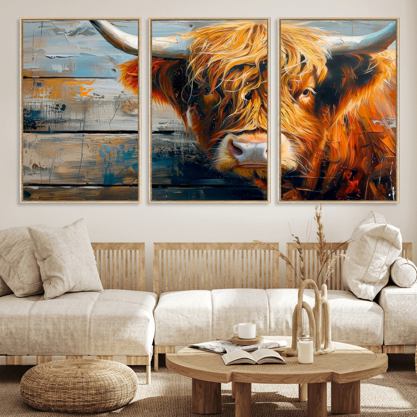 92312-MGV-FC-60X30-3P_Natural-Highland Cow Abstract Canvas Wall Art – Bold Farmhouse Rustic Decor – Ready to Hang