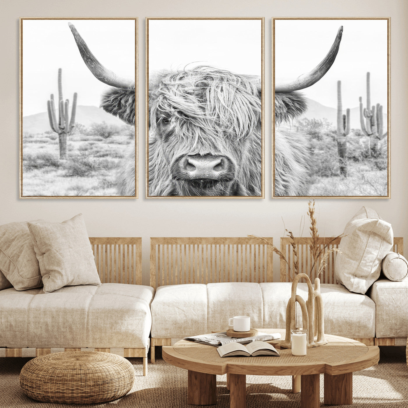 94579-MGV-FC-60X30-3P_Natural-Rustic Charm | Cow Longhorn Black White Bighorn Wall Art Canvas Print | Farmhouse Wall Art