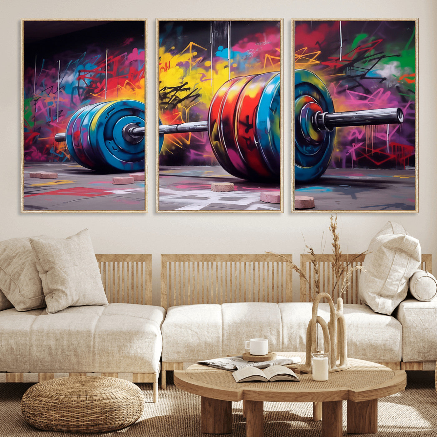 MGV-FC-60X30-3P - Abstract Graffiti Barbell Canvas Wall Art – Urban Fitness Meets Bold Street Art Print - Gym Wall Art Print