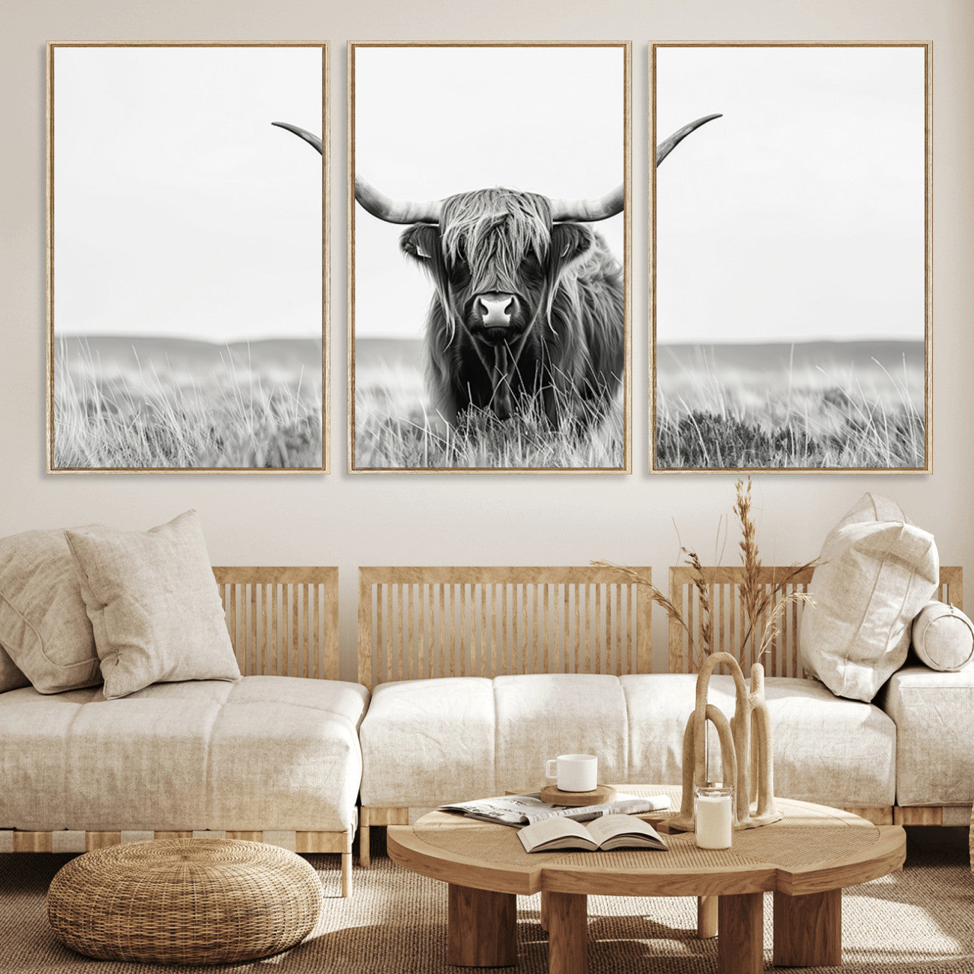 MGV-FC-60X30-3P - Highland Cow Canvas Wall Art – Majestic Beauty in Black and White – Ready to Hang