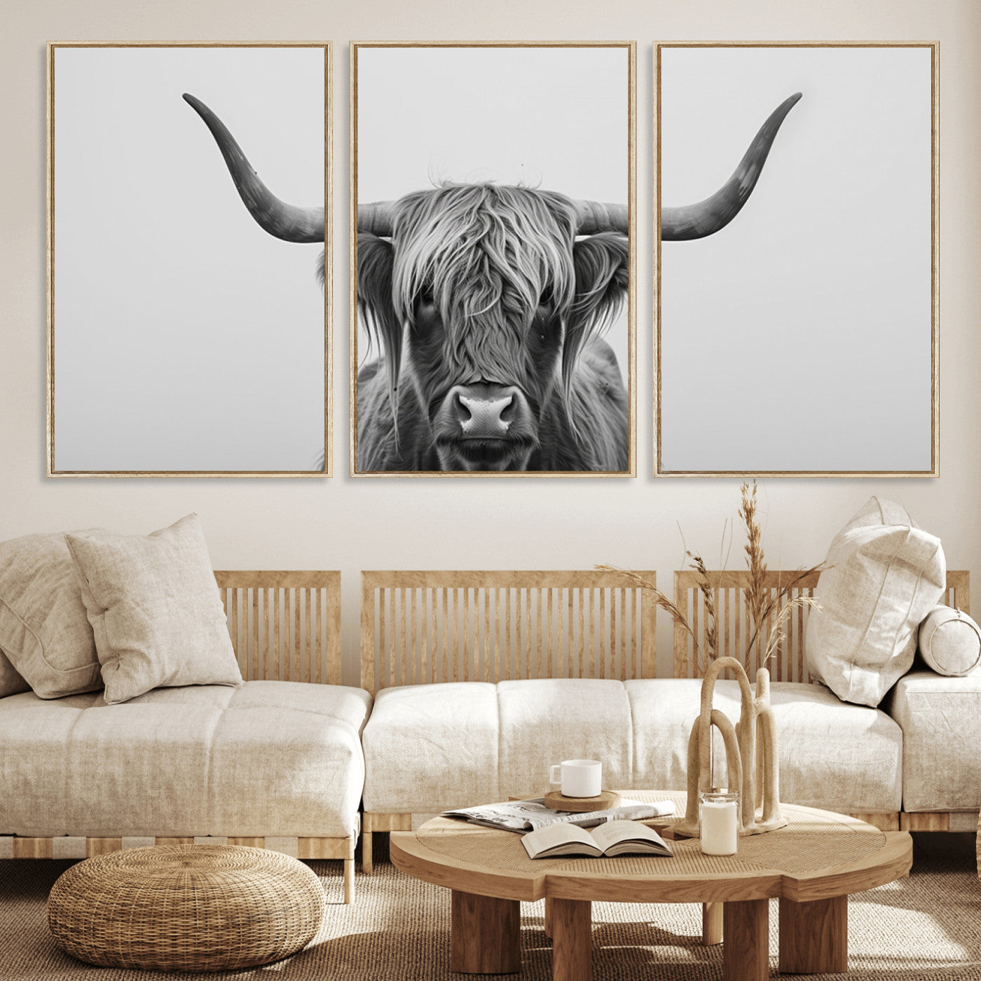 MGV-FC-60X30-3P - Farmhouse Longhorn Wall Art Canvas Print, Longhorn Texas Wall Art Canvas Print