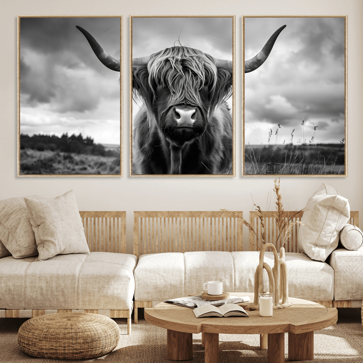 MGV-FC-60X30-3P - Scottish Cow Wall Art Canvas Print | Longhorn Wall Art | Bighorn Animal Wall Art