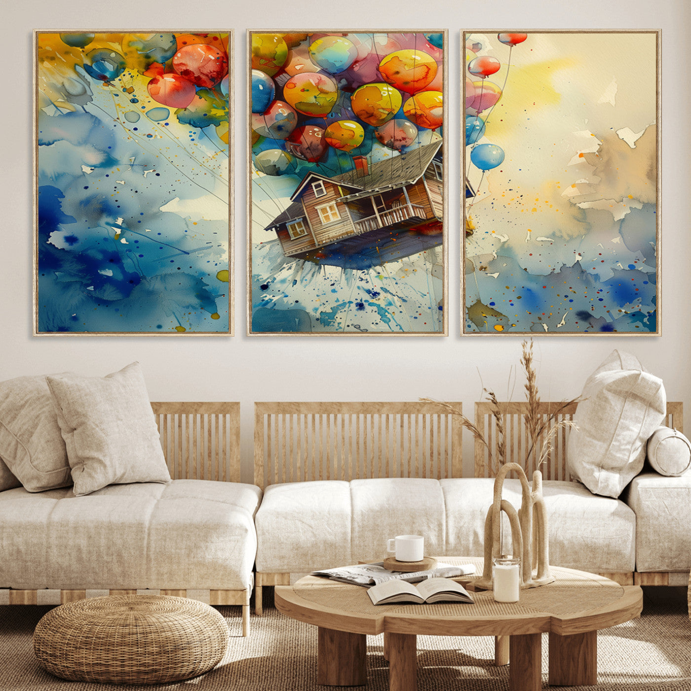 MGV-FC-60X30-3P - UP-Inspired Floating House with Balloons Canvas Art – Colorful 3-Panel Wall Decor for Living Room,