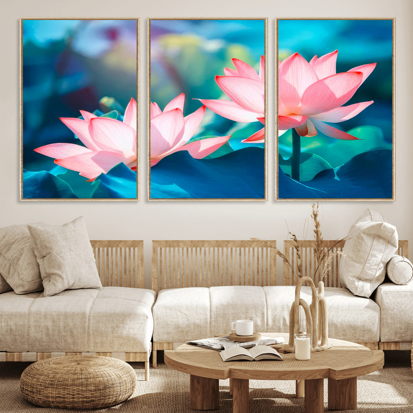 MGV-FC-60X30-3P - Pink Lotus Flower Canvas Wall Art | Vibrant Floral Wall Decor for Living Room, Office, or Bedroom | Large Botanical Art