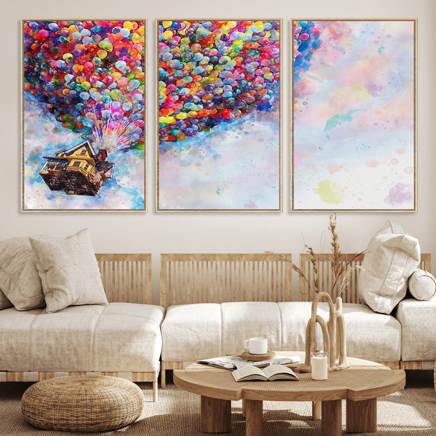 MGV-FC-60X30-3P - Don't Look Up Movie Canvas Wall Art - Vibrant Floating House and Balloons Scene, Tribute to Iconic