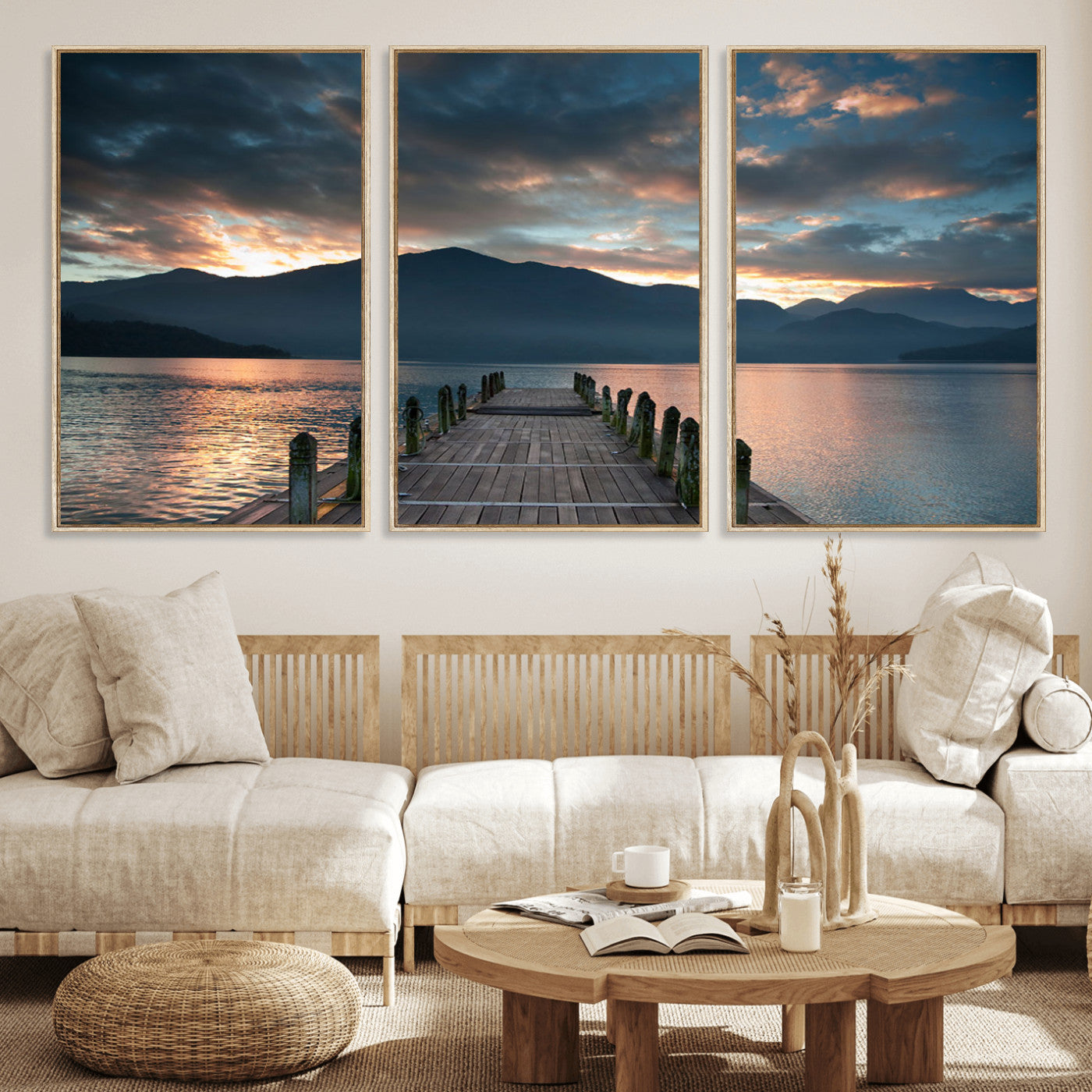 MGV-FC-60X30-3P - Mountain Lake Wood Pier Canvas Wall Art Nature Lake Print