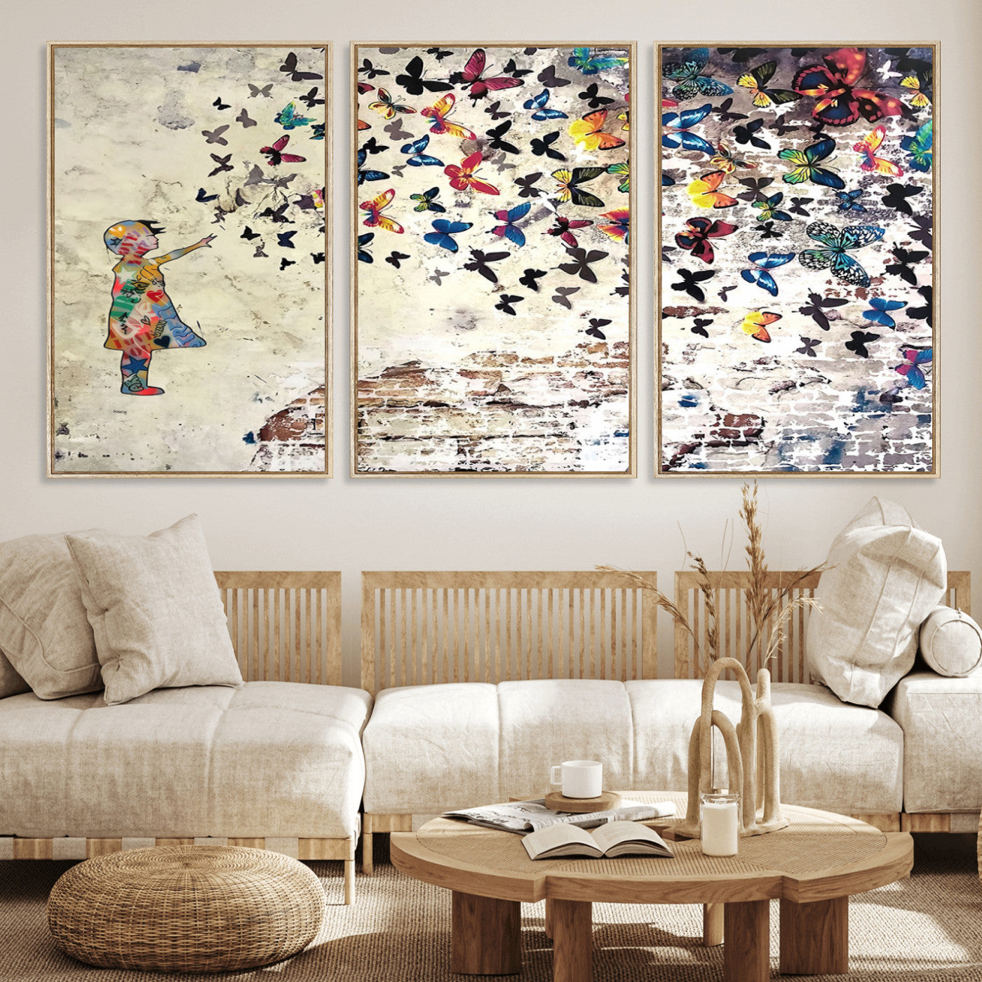 MGV-FC-60X30-3P - Banksy Wall Art - Banksy Girl Butterfly Graffiti Wall Art Canvas Print - Butterfly Girl and Freedom Flight - Vibrant Street Art Print