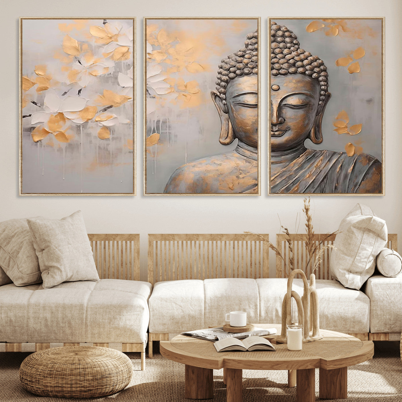 MGV-FC-60X30-3P - Abstract Buddha Statue Wall Art Canvas Print - Modern Meditation Decor for Living Room, Office, Yoga Studio Decor