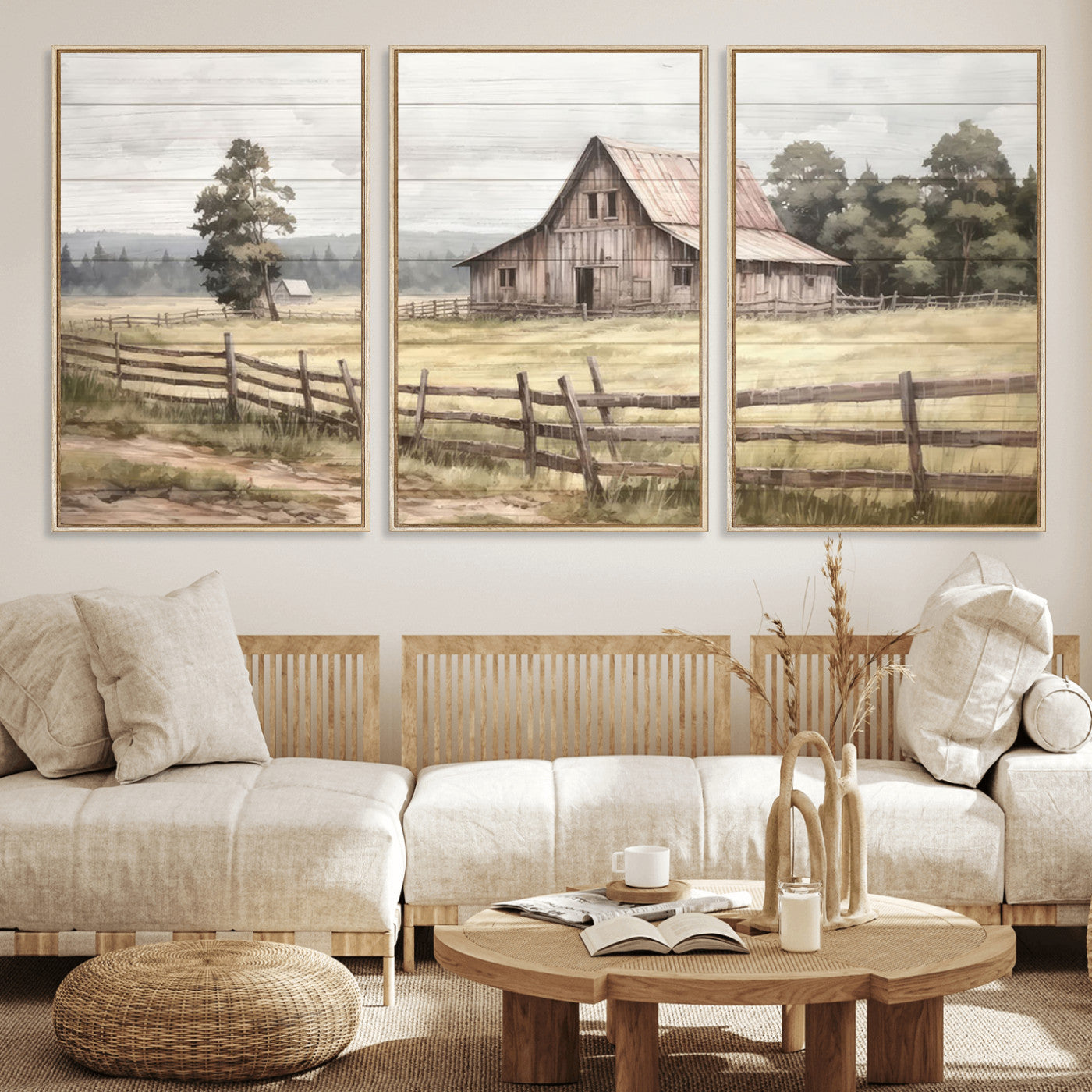 MGV-FC-60X30-3P - Rustic Farmhouse Barn Wall Art | 3-Panel Framed Gallery Wrap Giclee Canvas Print for Living Room, Farmhouse, or Office | Country Landscape Wall Art