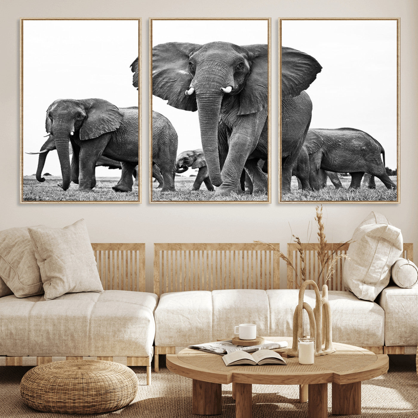 MGV-FC-60X30-3P - Black White Elephant Family Wall Art Canvas Print