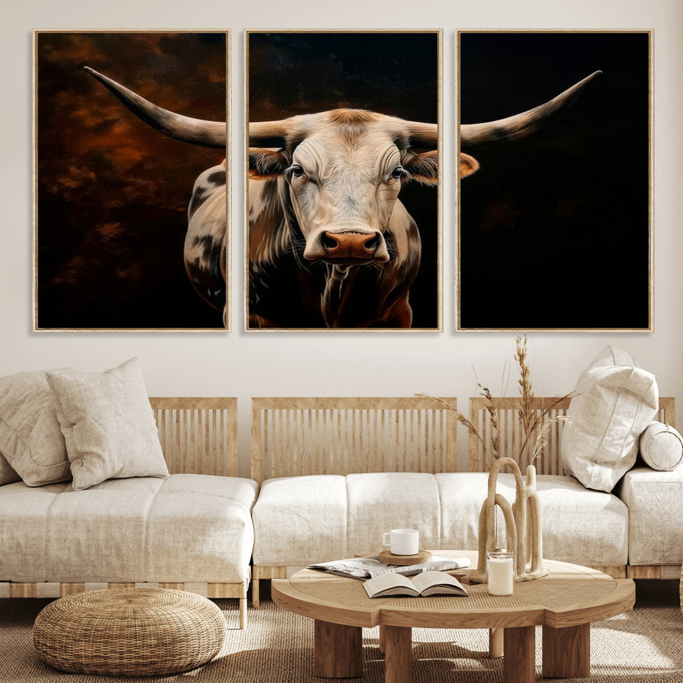 MGV-FC-60X30-3P - Texas Longhorn Wall Art | 3-Panel Large Texas Longhorn Canvas Print for Living Room, Office, or Farmhouse Decor | Framed Giclee Longhorn Wall Art
