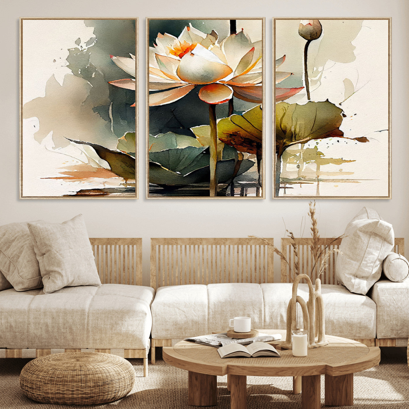 MGV-FC-60X30-3P - Lotus Flower Watercolor Canvas Print – A Symbol of Serenity and Growth, Captured in Soft Watercolors – Contemporary Wall Art for Tranquil Spaces