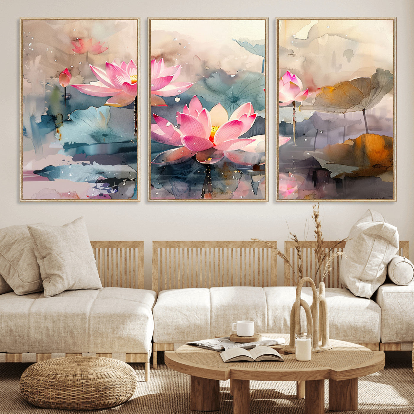 MGV-FC-60X30-3P - Lotus Flower Wall Art | 3-Panel Giclee Canvas Print of Pink Lotus Blossoms for Living Room, Bedroom, Office | Framed Lotus Floral Wall Art Decor Print