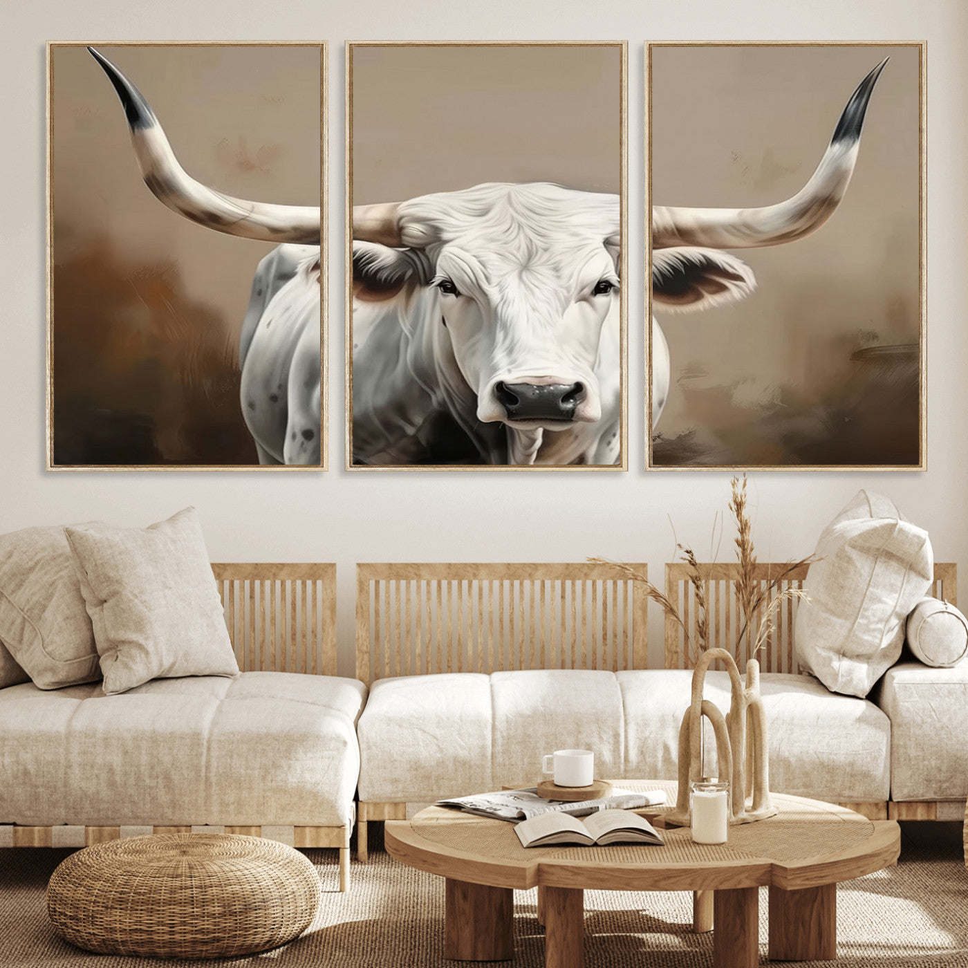 61423-MGV-FC-60X30-3P_Natural-White Longhorn Bull Wall Art Canvas Print – Framed and Ready to Hang – Perfect for Farmhouse and