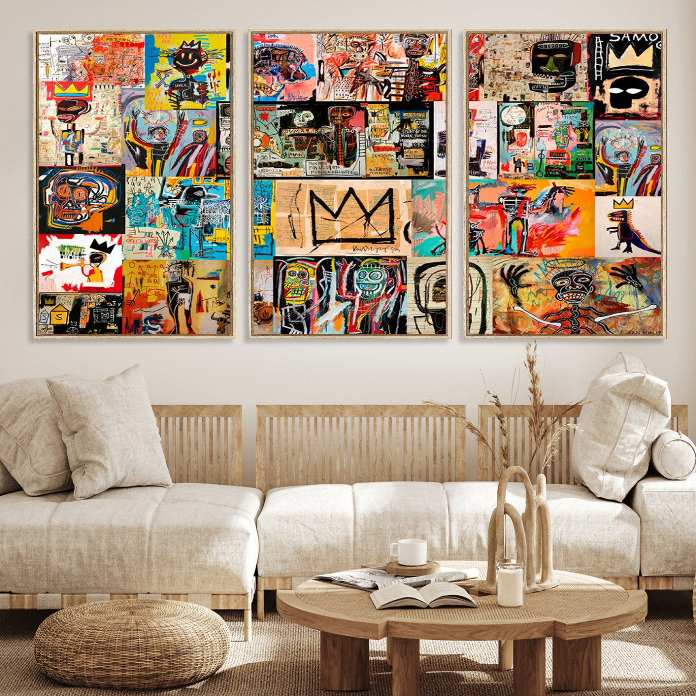 MGV-FC-60X30-3P - Basquiat Art Collage Wall Art Canvas Print – Framed, Ready to Hang, Urban Graffiti Style
