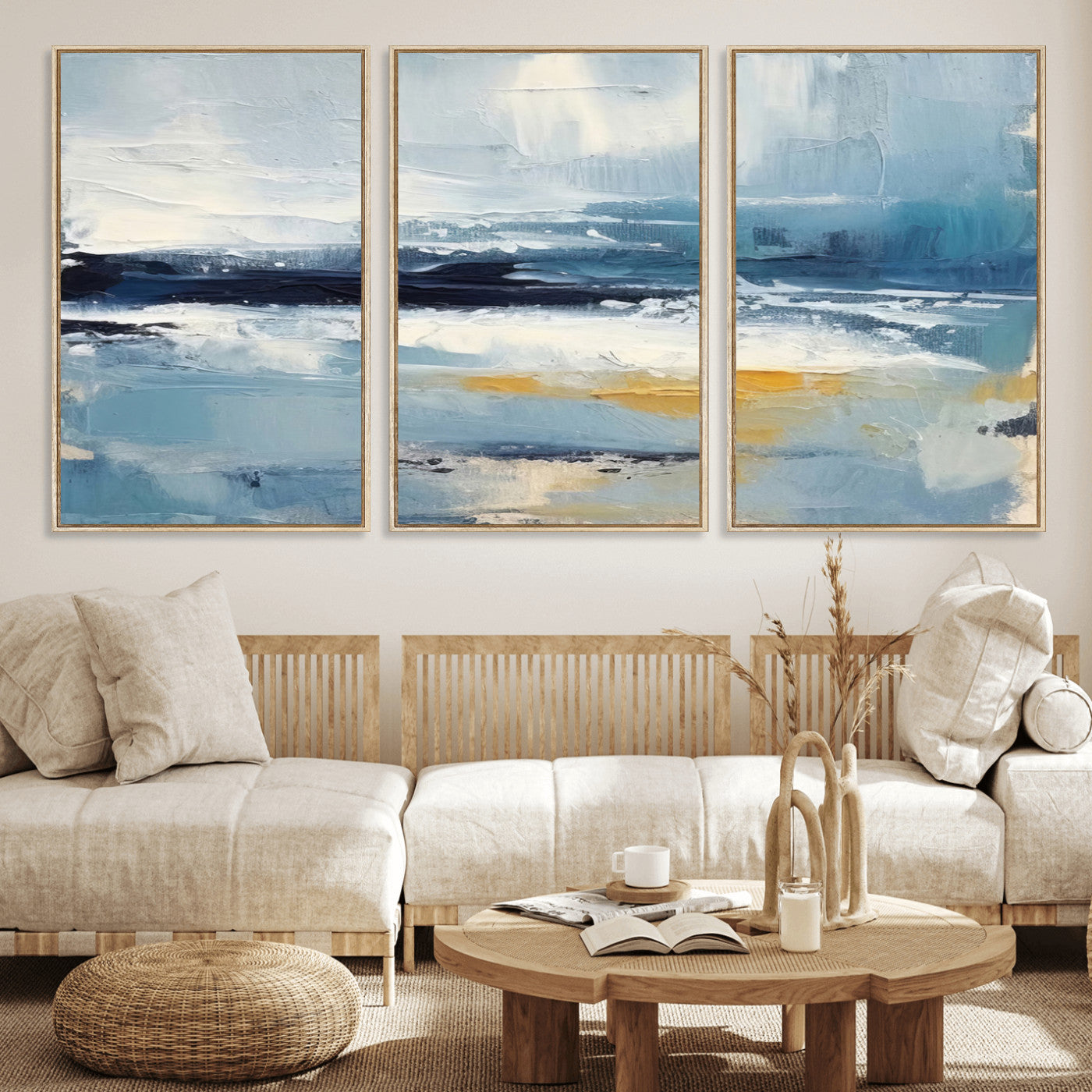 MGV-FC-60X30-3P - Abstract Ocean Canvas Wall Art - Coastal Blue and Gold Textured Painting, Modern Seascape Decor for Living Room Decor