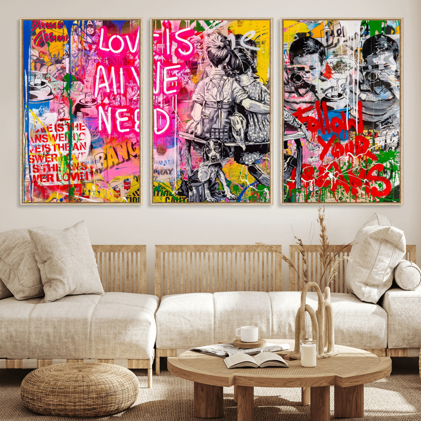 MGV-FC-60X30-3P - Follow Your Dreams & Love is All We Need Graffiti Street Art Triptych | 3-Panel Colorful Urban Wall Art for Living Room, Office, Loft Graffiti Wall Art Print
