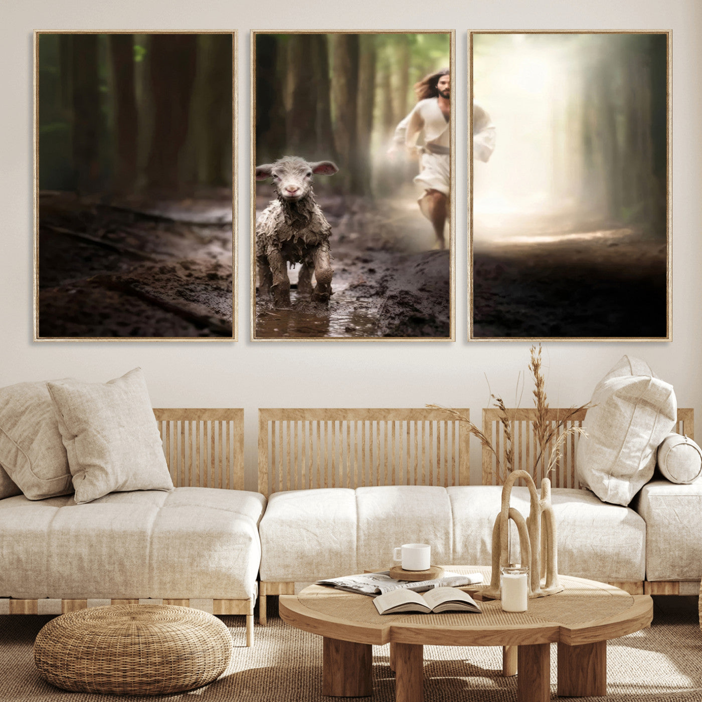 MGV-FC-60X30-3P - Jesus Canvas Wall Art - Jesus Running After Lost Lamb, Jesus, Christian Home Decor - Church Wall Art
