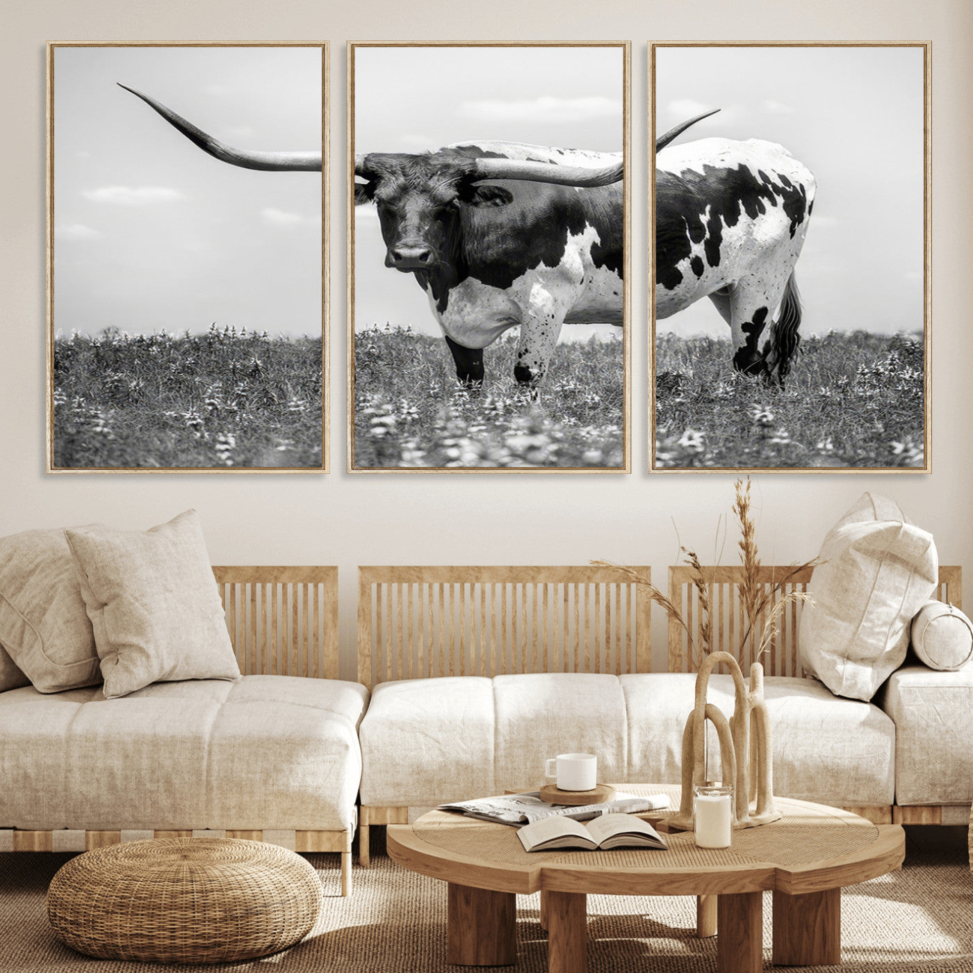 94709-MGV-FC-60X30-3P_Natural-Texas Black White Highland Longhorn Cow Wall Art Canvas Print