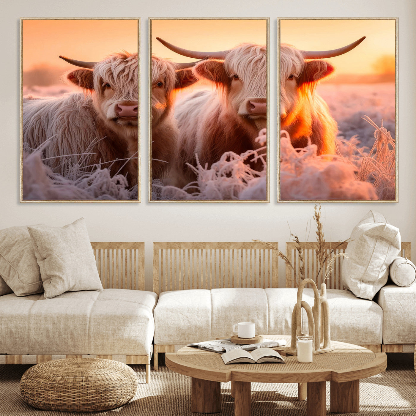 68253-MGV-FC-60X30-3P_Natural-Highland Cows at Sunrise Wall Art Canvas Set – Serene and Rustic Farmhouse Decor