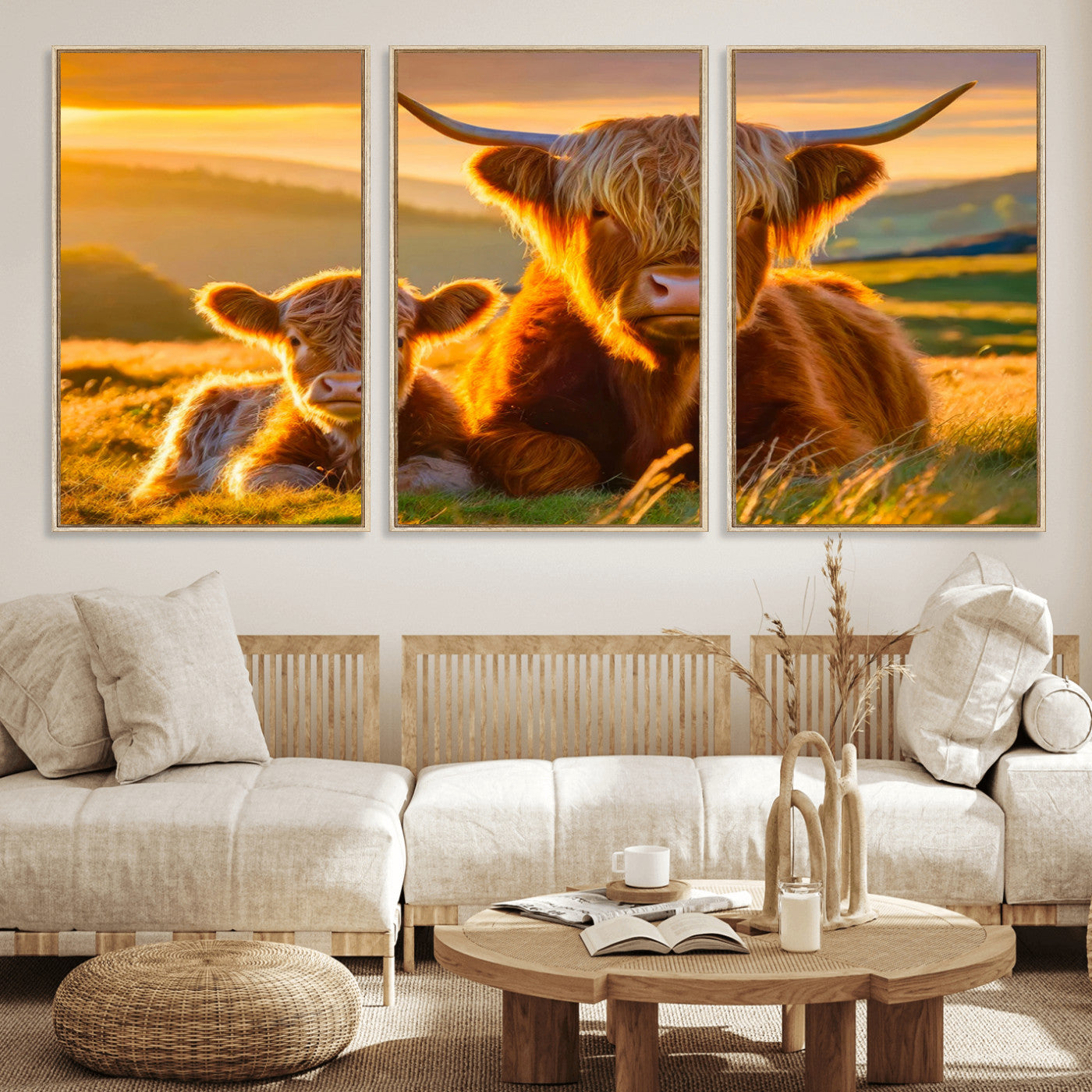 20567-MGV-FC-60X30-3P_Natural-Scottish Cow and Baby Cow Canvas Wall Art Animal Print Fluffy Cattle Framed Farmhouse Decor