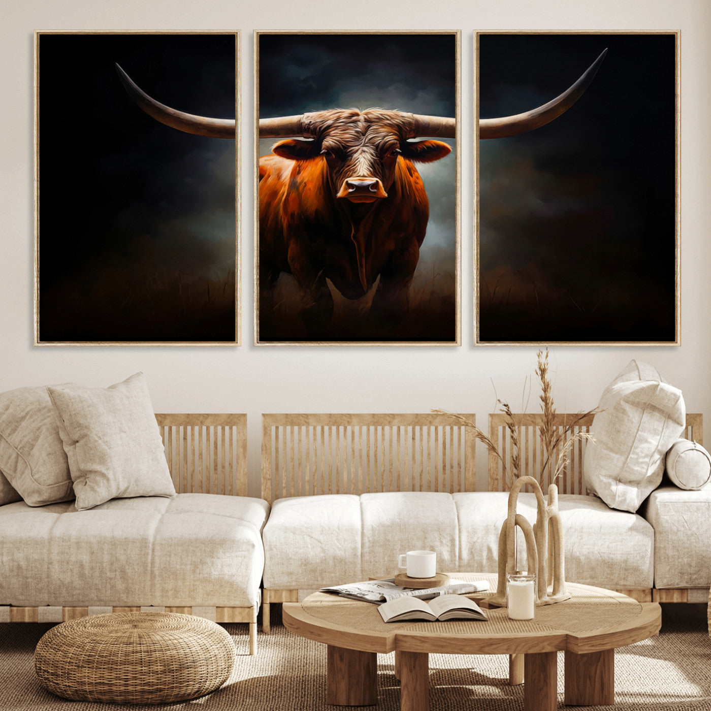 MGV-FC-60X30-3P - Abstract Texas Longhorn Wall Art Print | 3-Panel Large Texas Longhorn Canvas Print for Living Room, Office  Farmhouse Decor | Framed Longhorn Wall Art