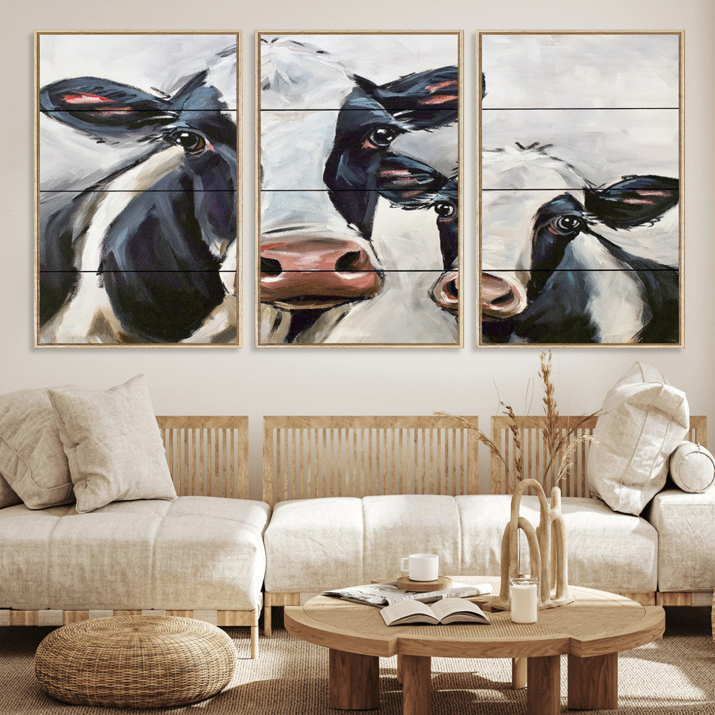 28934-MGV-FC-60X30-3P_Natural-Vintage Baby and Mom Cattle Wall Art Canvas Print