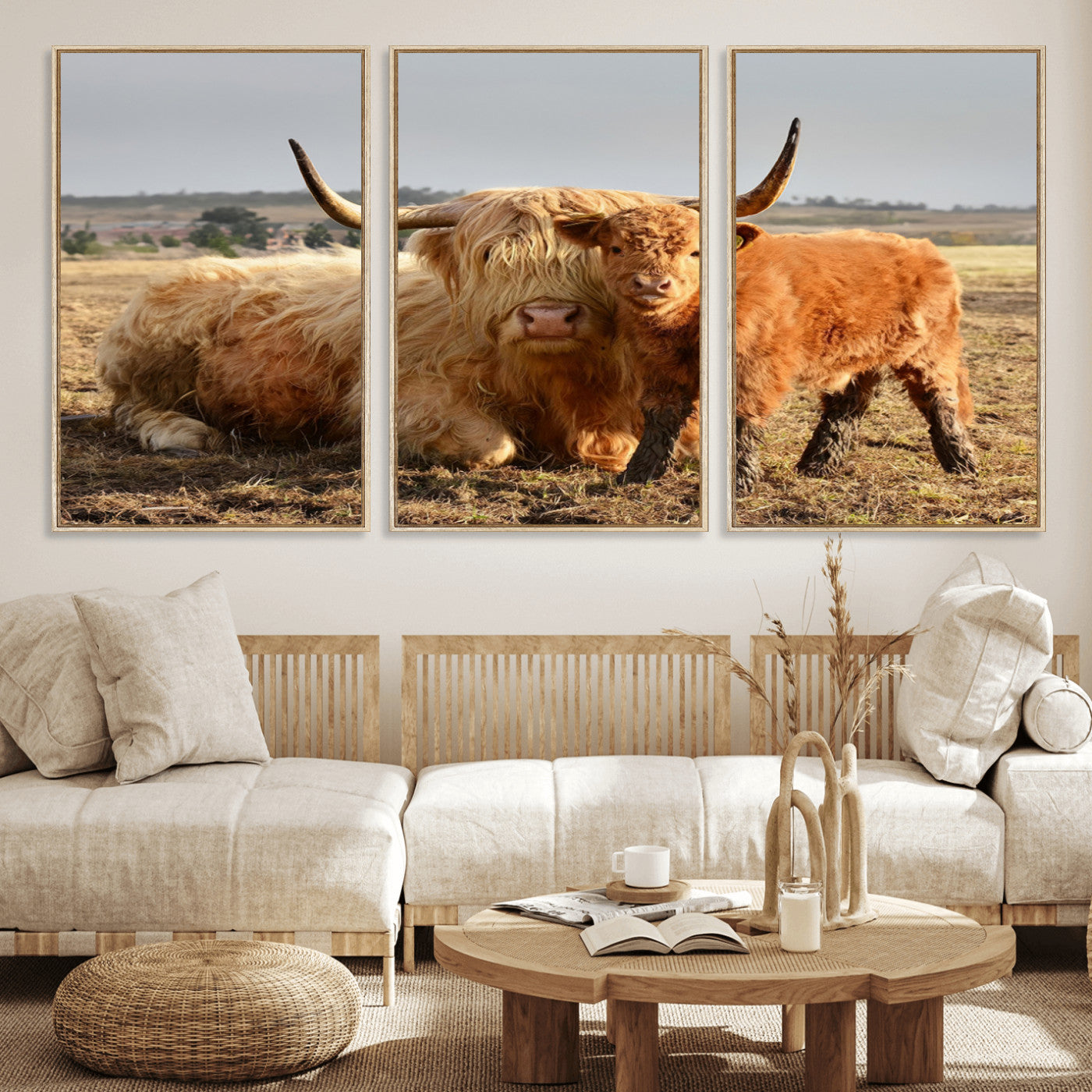 MGV-FC-60X30-3P - Highland Cow Canvas Wall Art Animal Print for Farm House Decor