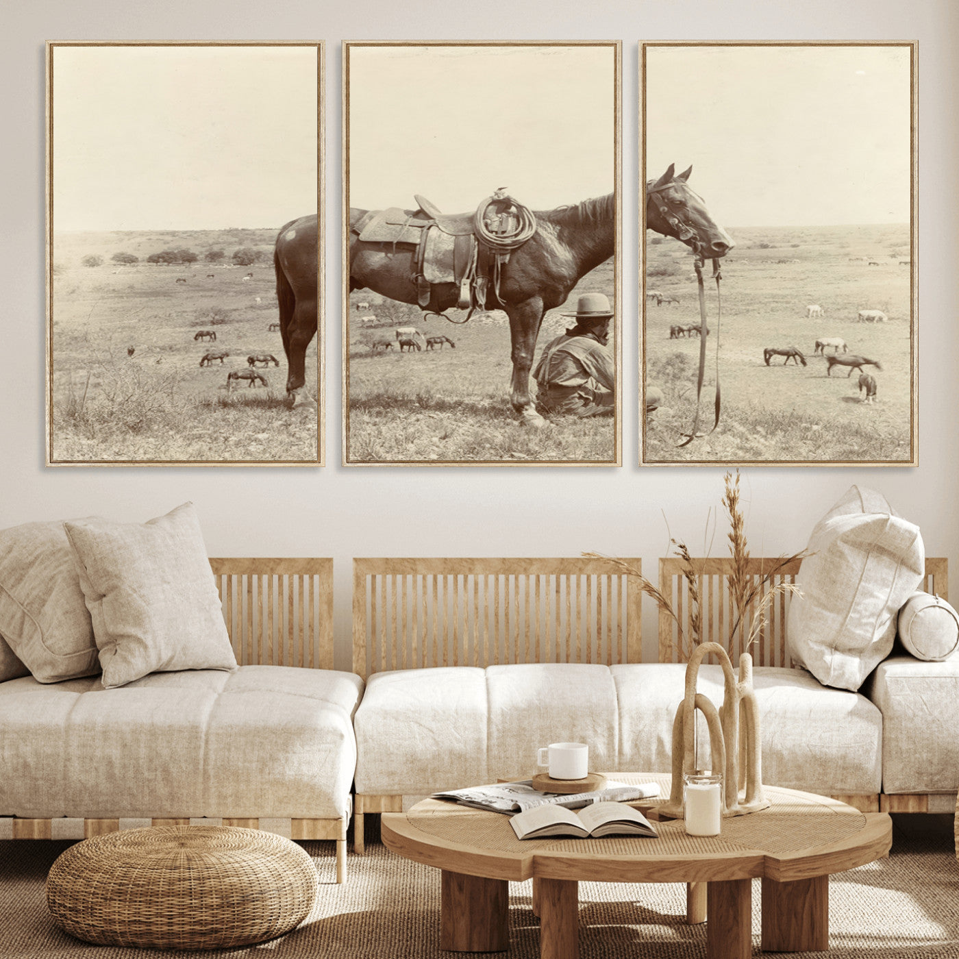 MGV-FC-60X30-3P - Cowboy Wall Art - Western Horse Canvas Print - Vintage Western Wall Art Canvas Print, Ready to Hang