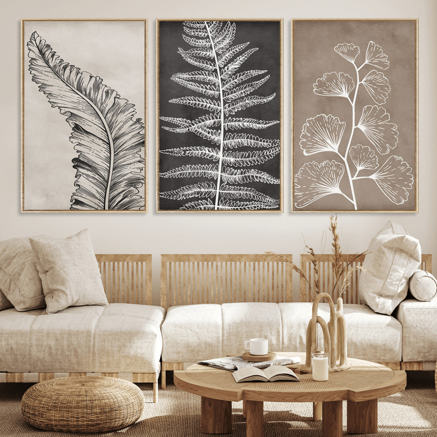 MGV-FC-60X30-3P - Minimalist Botanical Wall Art Canvas Print, Framed and Ready to Hang - Nature Art Print for Home