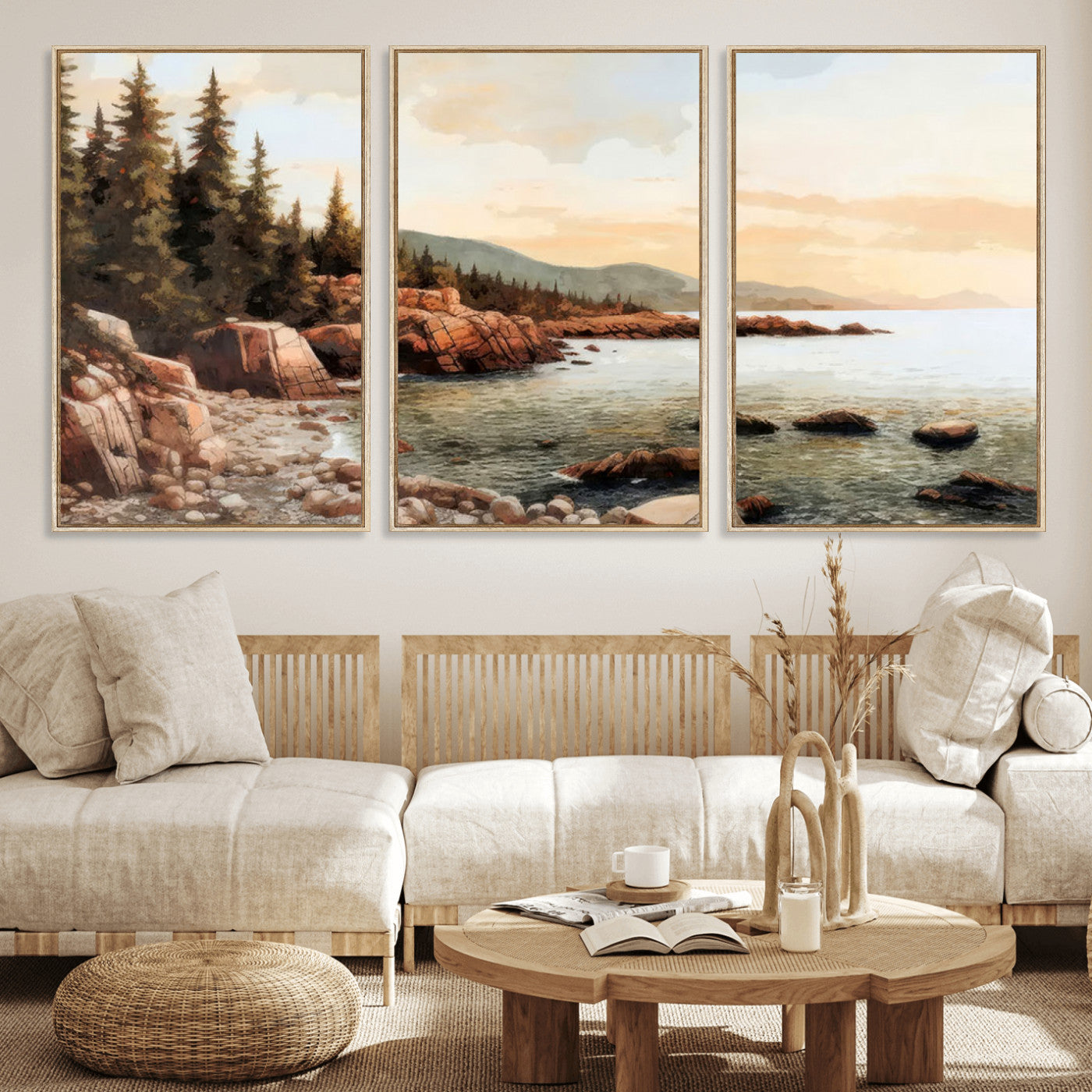 MGV-FC-60X30-3P - Serene Coastal View of Acadia National Park Wall Art - Stunning 3-Panel Wall Art Canvas Print, Framed, Ready to Hang
