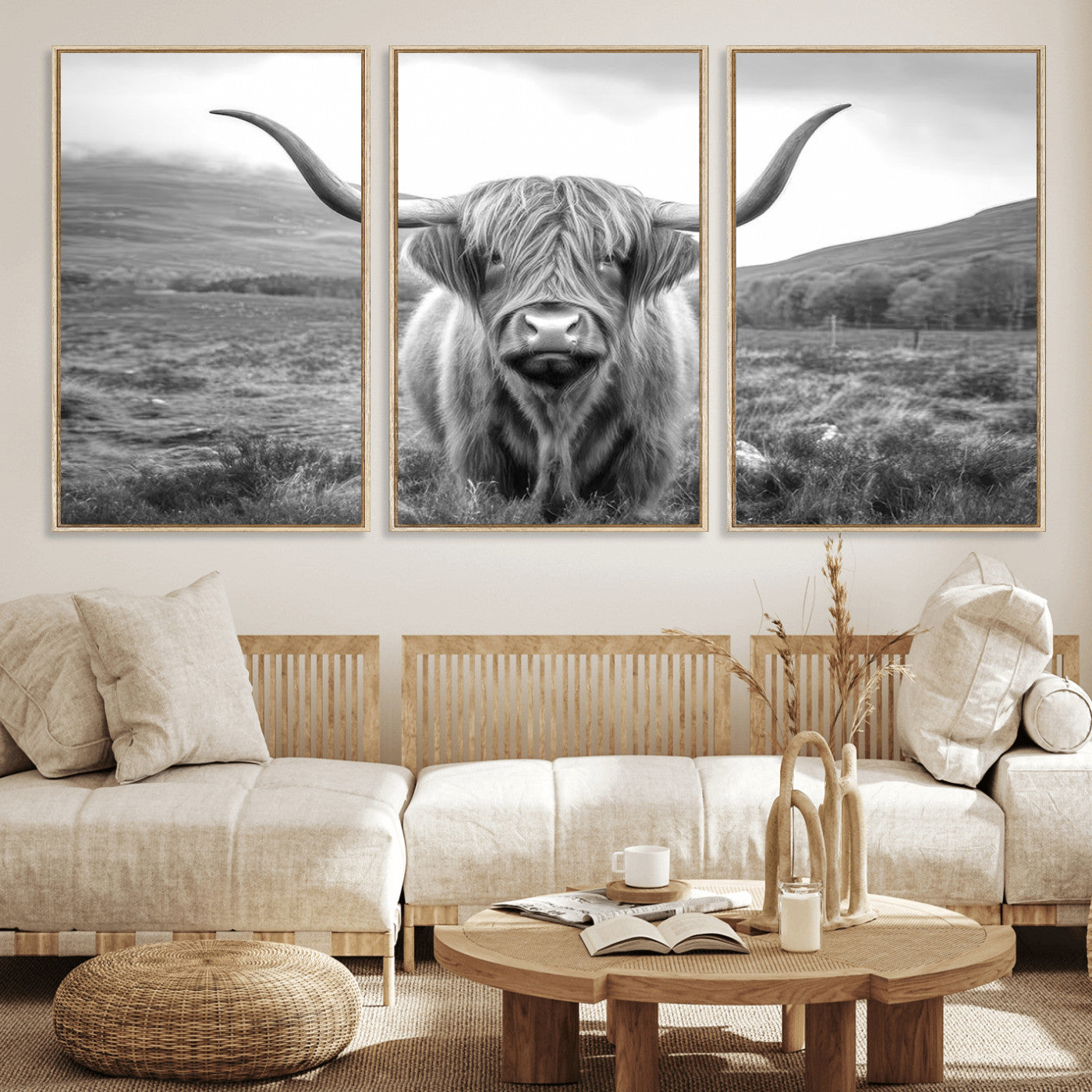 MGV-FC-60X30-3P - Black White Scottish Highland Cow Canvas Farm Wall Art Canvas Print