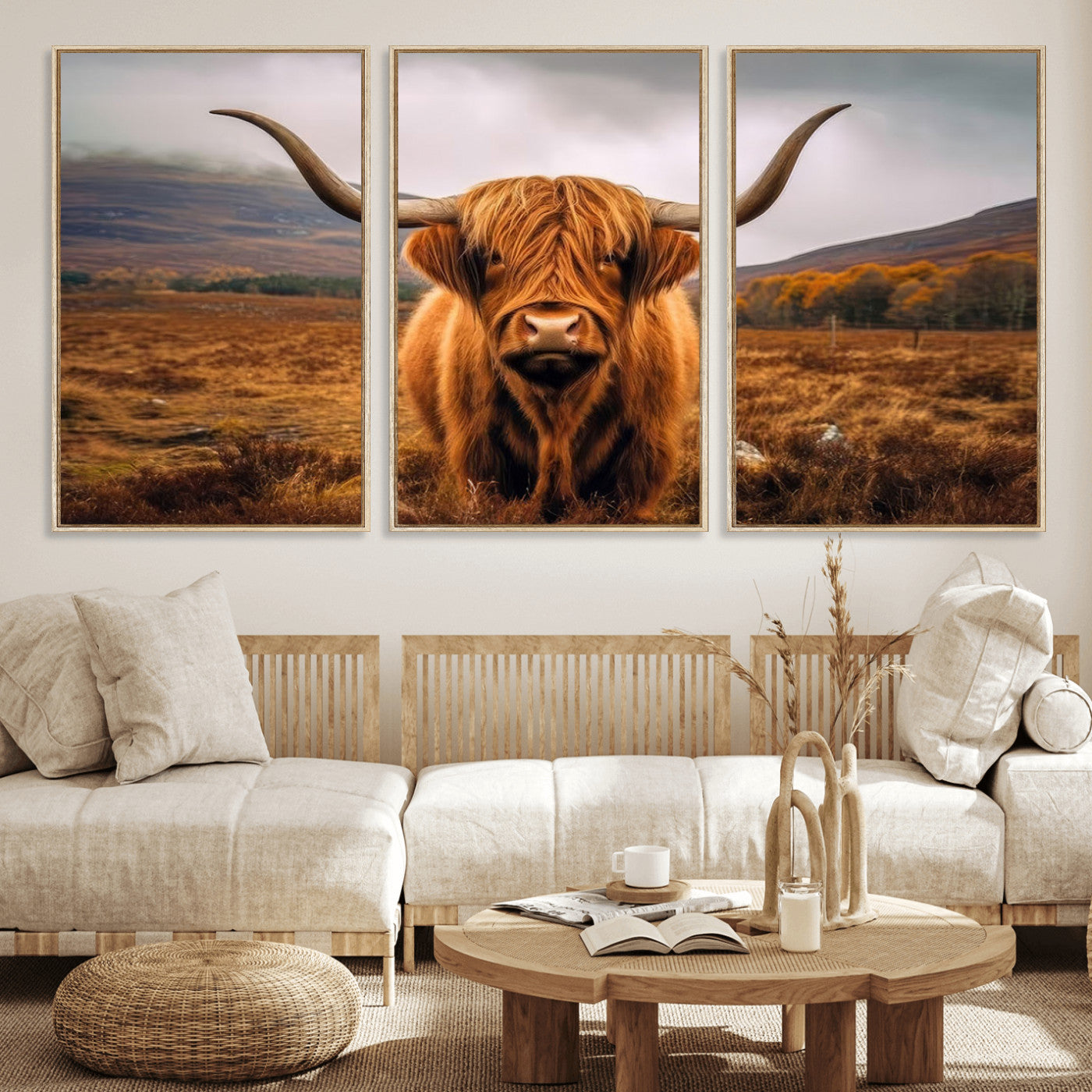 -Highland Cow Longhorn Wall Art – Rustic Canvas Print, Framed and Ready to Hang for Farmhouse Décor