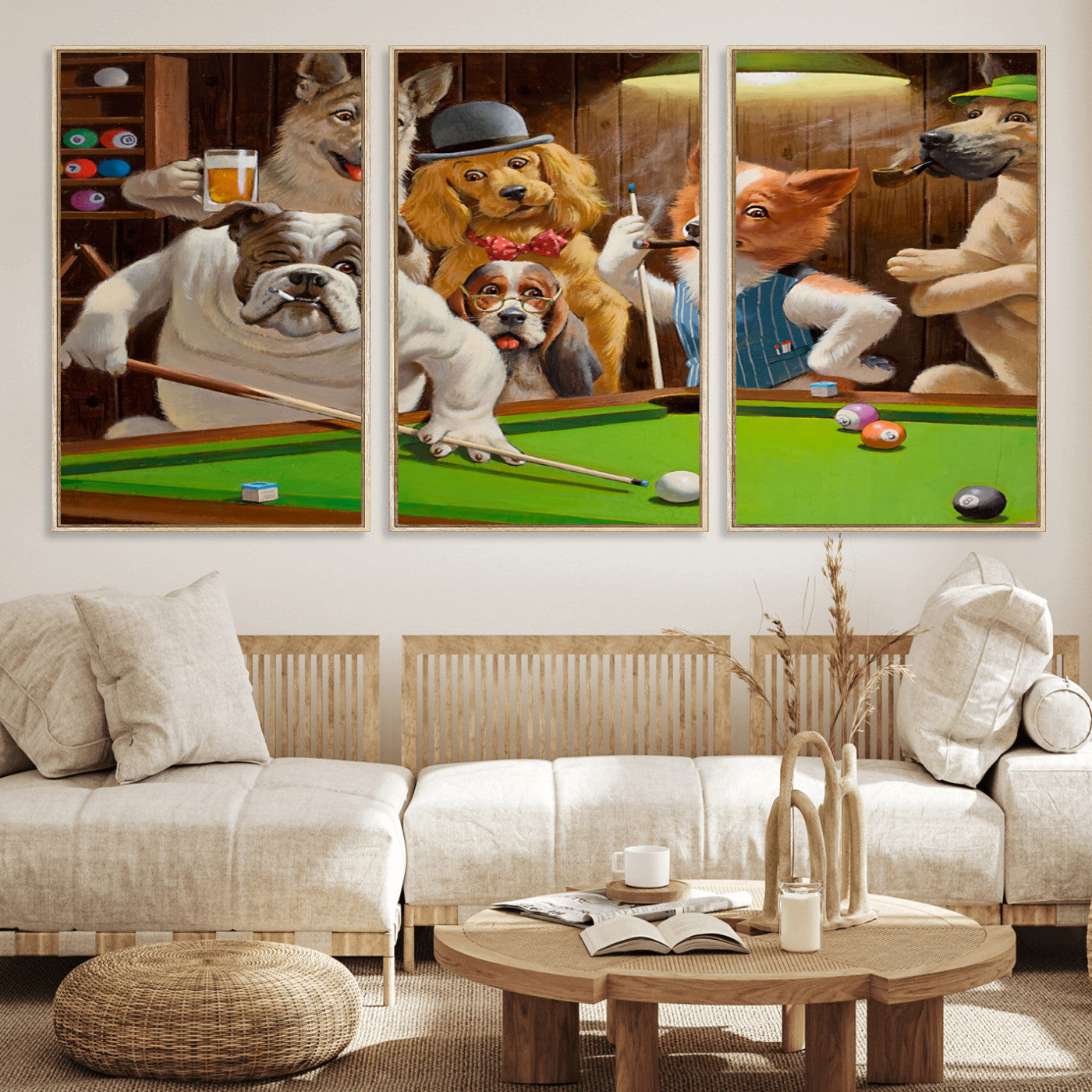MGV-FC-60X30-3P - Dogs Playing Pool Canvas Wall Art Funny Gifts Dog Print