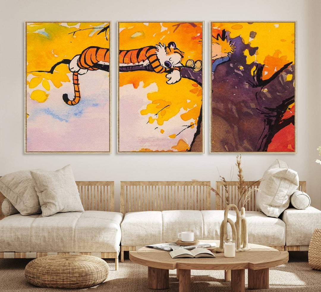 Premium canvas Calvin Wall Arts featuring a boy and tiger relaxing on a branch.